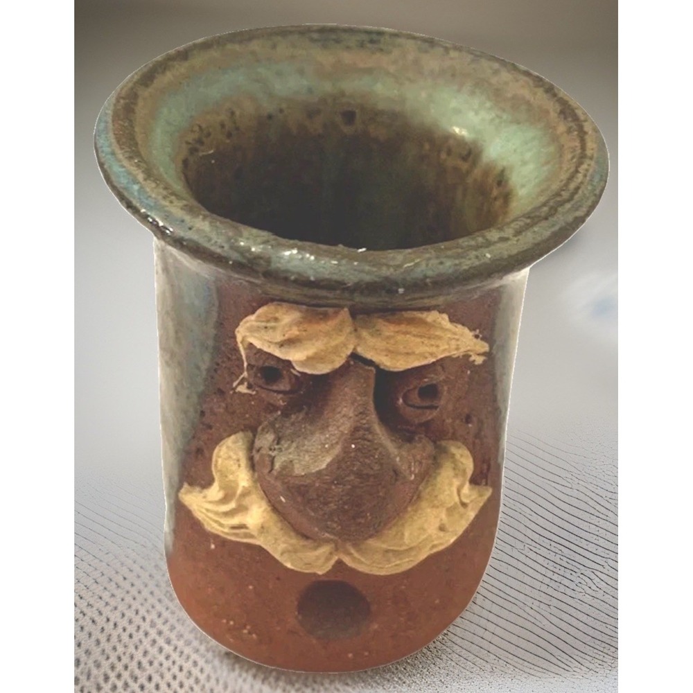 VTG Small 2" Ugly Face Jug Folk Art Pottery Miniature Moustache Man Rare Rustic